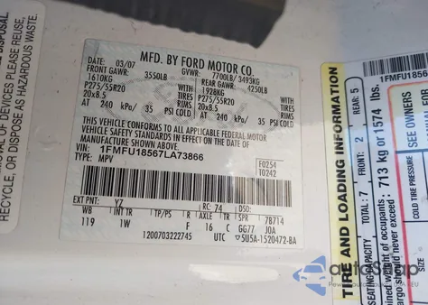 2007 Ford Expedition Eddie Bauer z USA, uszkodzony, nr VIN 1FMFU18567LA73866